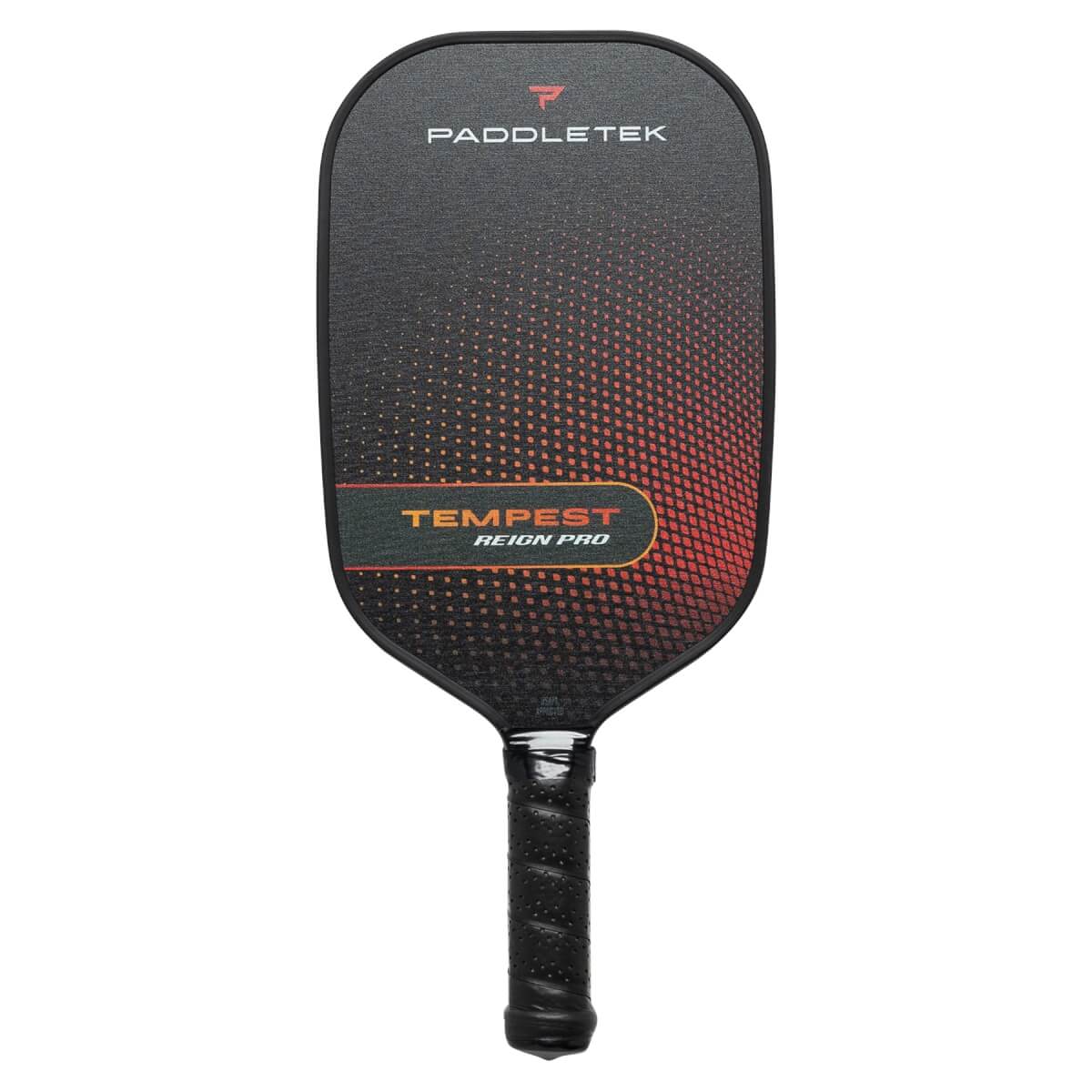 Front view of a black pickleball paddle with Paddletek branding and a red gradient design.