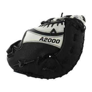 Front view of a black and white baseball glove with A2000 branding and a large pocket.