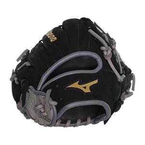 Front view of a black baseball glove with gold Mizuno logo and grey lacing.