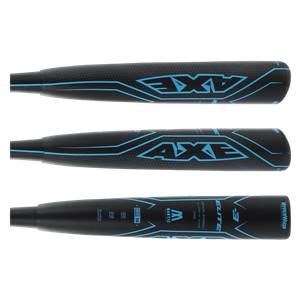 Side view of a black AXE Elite baseball bat with blue accents and HYPERWHIP text.