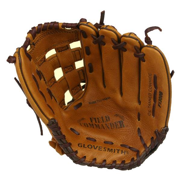 Front view of a tan baseball glove with Field Commander and Glovesmith branding, and F1300B text.
