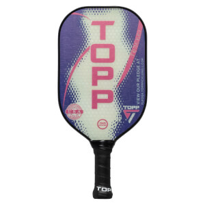 Front view of a purple and white pickleball paddle with pink TOPP text, a USA logo, and USAPR APPROVED text.