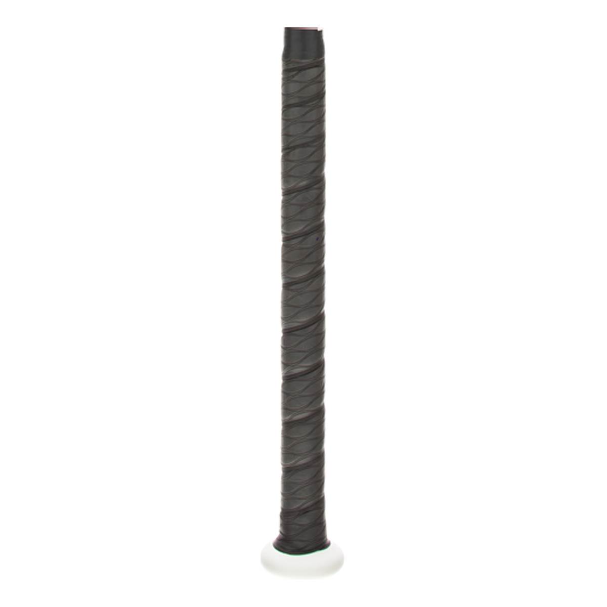 Close-up of a black bat grip with a white end cap.