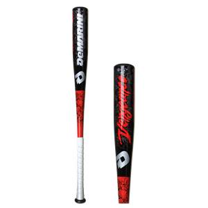 Side view of a black baseball bat with red accents and DeMARINI branding.