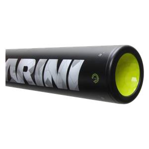 Side view of a black baseball bat with white ARINI lettering and a lime green end cap.