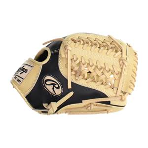 Front view of a black and tan baseball glove with Rawlings branding and tan lacing.