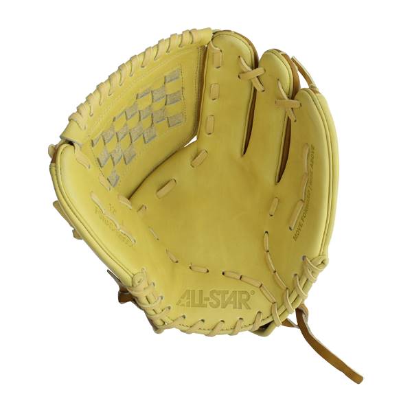 Interior view of a tan fastpitch softball glove with a woven pocket and ALL-STAR logo.