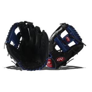 Front view of a black baseball glove with blue accents and red Rawlings branding.