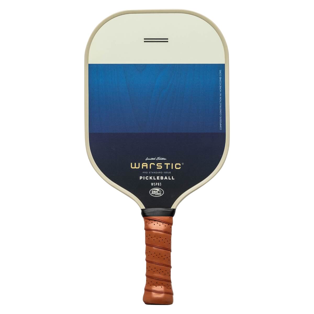 Front view of a white and blue pickleball paddle with WARSTIC logo and brown grip.