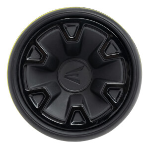 Top-down view of a black baseball bat end cap with a textured, geometric design, central Easton logo, and yellow rim.