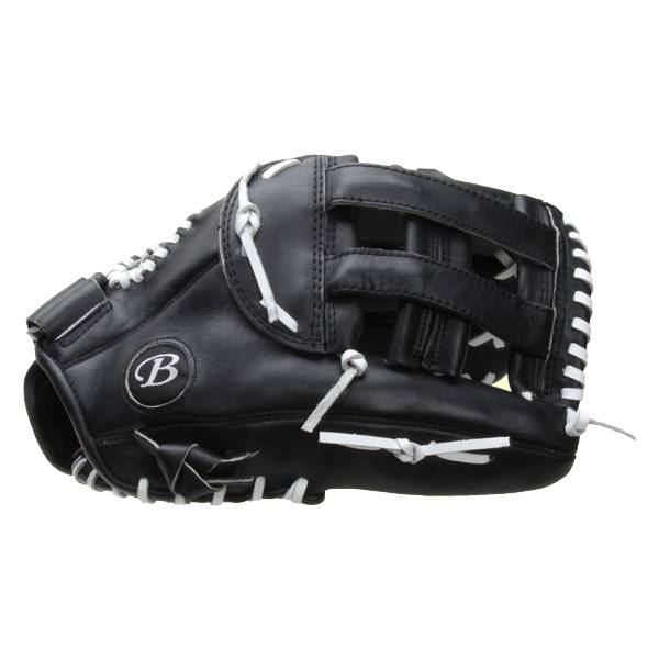 Side view of a black baseball glove with white lacing and a B logo.