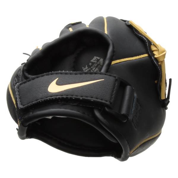 Front view of a black youth baseball glove with gold Nike swoosh and stitching.