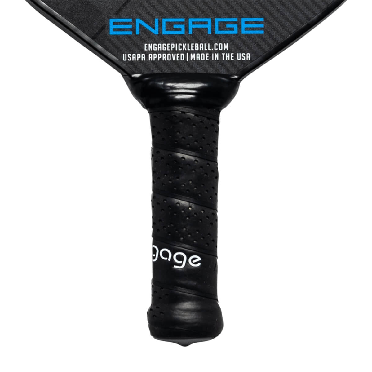 Close-up of a black pickleball paddle grip with perforations and Engage text.
