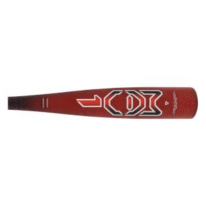 Side view of a red baseball bat with a black fade on the handle, a white and black MAV1 logo, and a textured pattern.