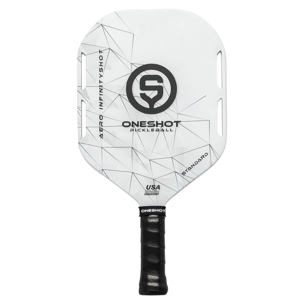 Front view of a white pickleball paddle with black geometric design, AERO INFINITYSHOT, ONESHOT PICKLEBALL, and STANDARD text.