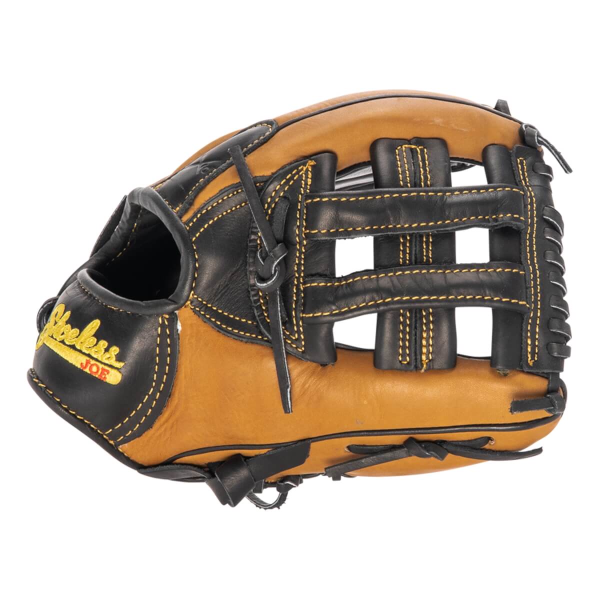 Side view of a tan and black baseball glove with yellow stitching and Shoeless Joe branding.