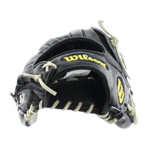 Top-down view of a black baseball glove with yellow Wilson branding and tan lacing.