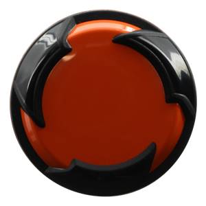 End view of an orange baseball bat with black accents and a circular design.