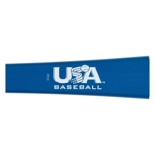 Side view of a blue baseball bat with USA BASEBALL logo and 0721 text.