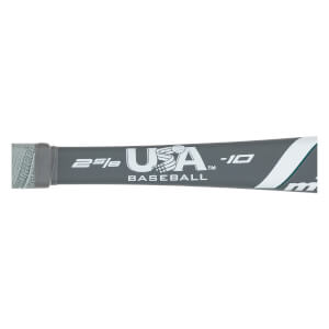 Side view of a gray baseball bat with USA BASEBALL and -10 branding.
