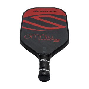 Top-down view of a black pickleball paddle with red S-design, omni text, and Selkirk branding.