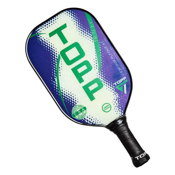 Top-down view of a white, purple, and green pickleball paddle with TOPP logo and USA seal.