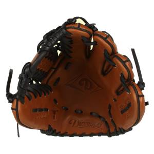 Front view of a brown baseball glove with black lacing and Diamond branding.