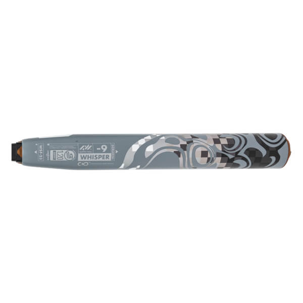Side view of a gray fastpitch softball bat with WHISPER -9 text and an abstract swirling pattern on the barrel.