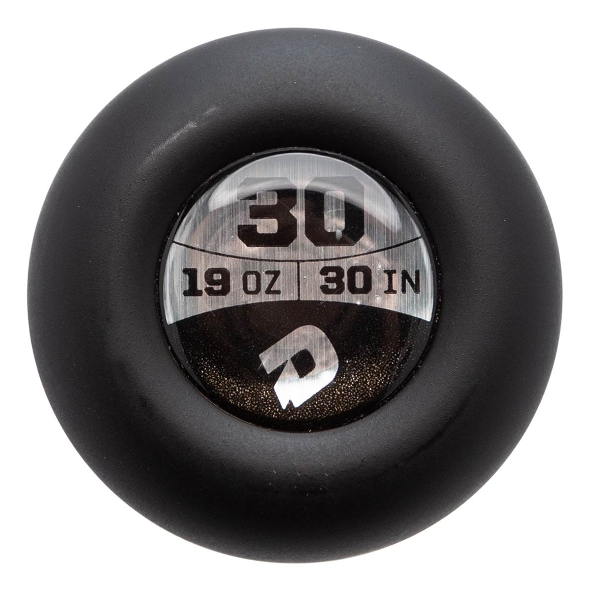 Top-down view of a black baseball bat end cap with 30, 19 OZ, 30 IN, and a white D logo.