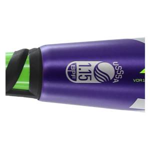 Close-up of a purple baseball bat with USSSA 1.15 BPF logo and green grip.