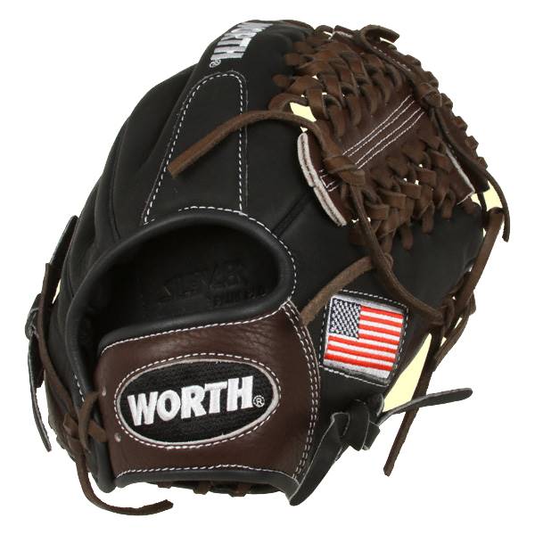Corner view of a black baseball glove with brown lacing, an American flag patch, and a WORTH logo.