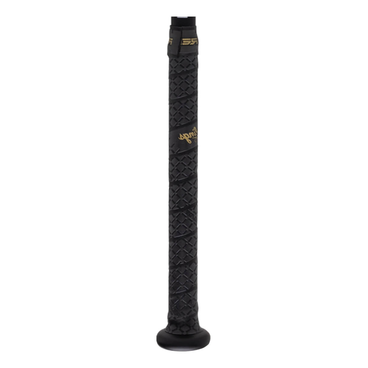 Close-up of a black baseball bat grip with a diamond pattern and gold Icon text.
