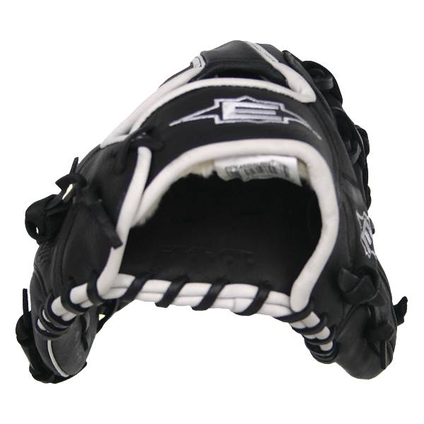 Top-down view of a black baseball glove with white lacing and an Easton logo.
