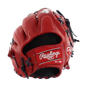 Front view of a red baseball glove with a Rawlings logo and white stitching.