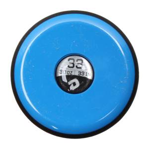 Top-down view of a blue baseball bat end cap with a silver inset showing 33 and 30OZ 33IN.