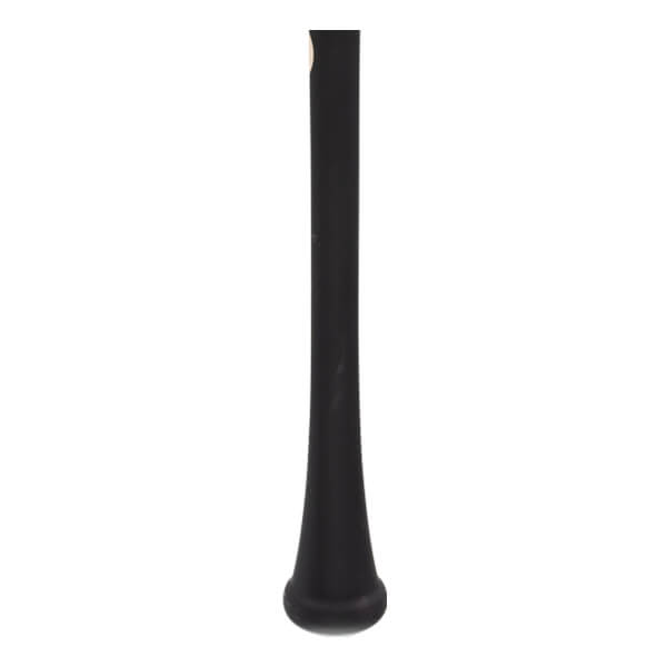 Close-up of the handle and knob of a black baseball bat with a flared end and smooth finish.
