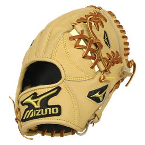 Side view of a tan baseball glove with brown lacing and Mizuno branding.