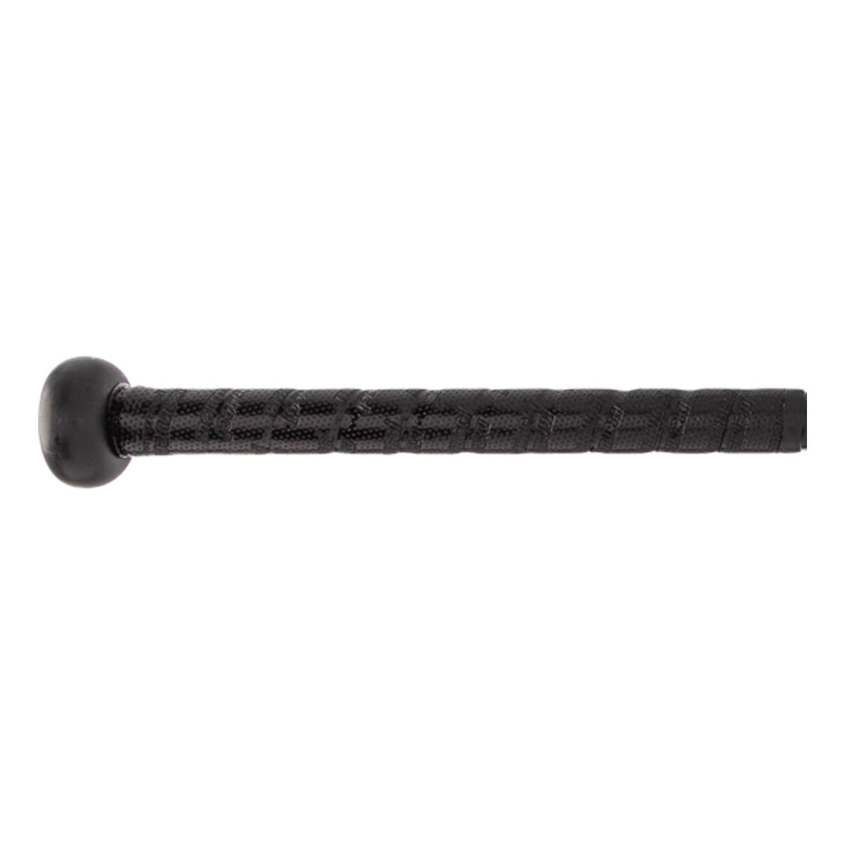 Side view of a black baseball bat with a textured grip and rounded knob.
