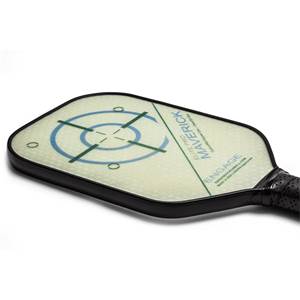 Top-down view of a white pickleball paddle with a blue target graphic and Maverick Elite Pro text.