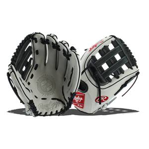 Front view of a white baseball glove with black lacing and a webbed palm.