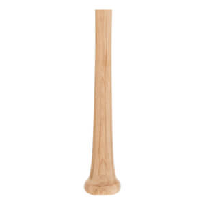 Close-up of a natural wood baseball bat with a flared knob and smooth finish.