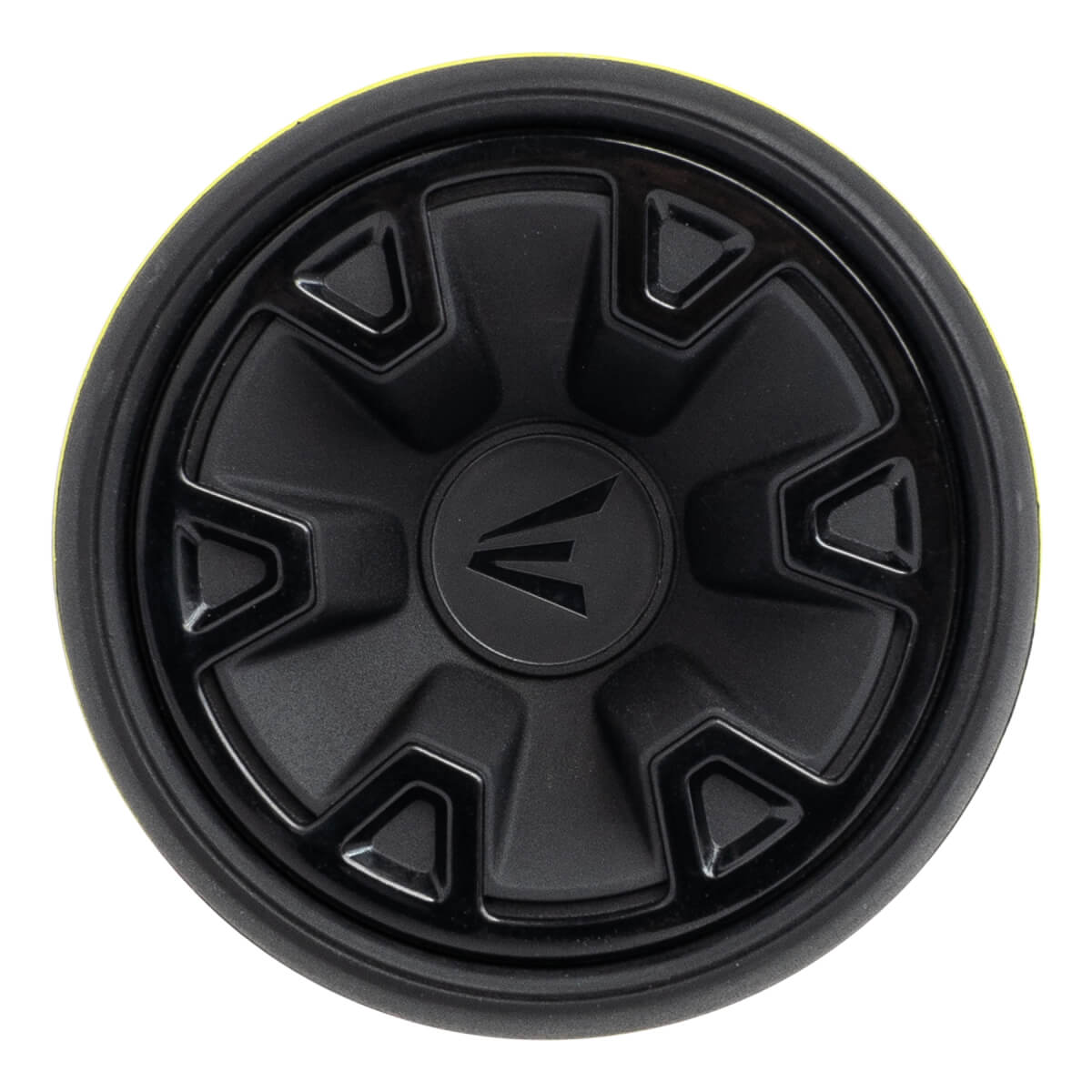 Top-down view of a black baseball bat end cap with the Easton logo and a textured pattern.