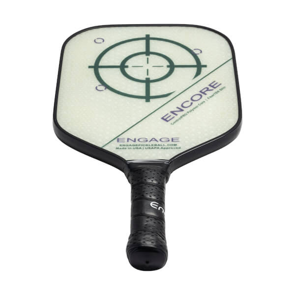 Top-down view of a white pickleball paddle with a target design, ENCORE text, and black grip.