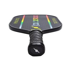 Top-down view of a black pickleball paddle with rainbow accents and a textured grip.