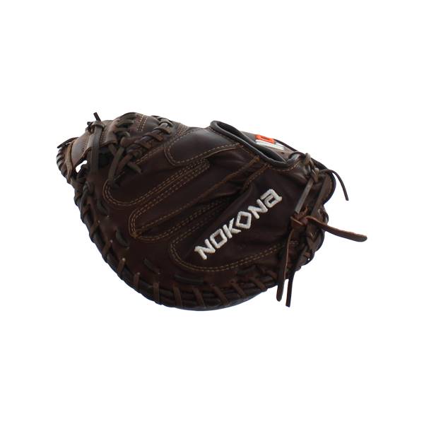 Side view of a brown Nokona catchers mitt with white NOKONA text and visible lacing.
