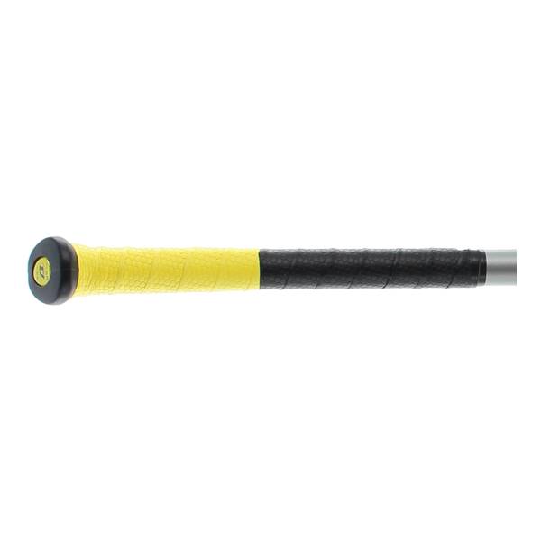 Side view of a black and yellow baseball bat with a textured grip and a black end cap.