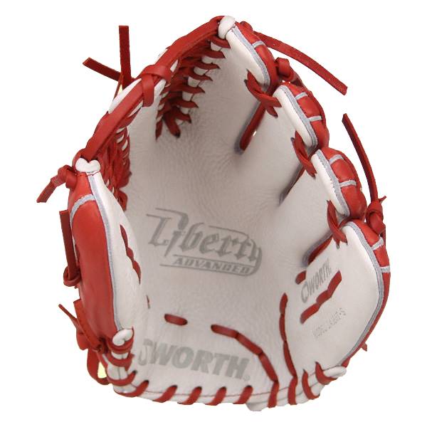 Inside view of a red and white baseball glove with Liberty Advanced and Worth branding.