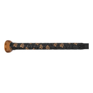 Side view of handle of a black softball bat with a bronze knob and repeating bronze R logo pattern on the textured grip.
