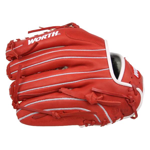 Side view of a scarlet red baseball glove with white stitching and WORTH logo.