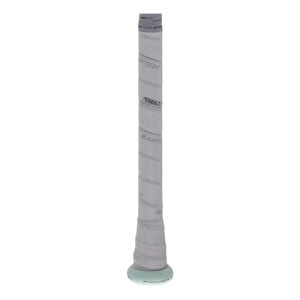 Close-up of a light grey baseball bat grip with spiral texture, EASTON and BBCOR text, and a light green knob.